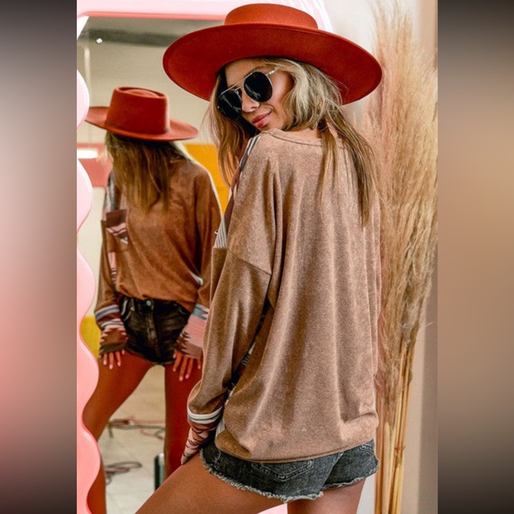 🌵Soft Brown Suedette Aztec Print Front Pocket Long Sleeve Top - Picture 3 of 13